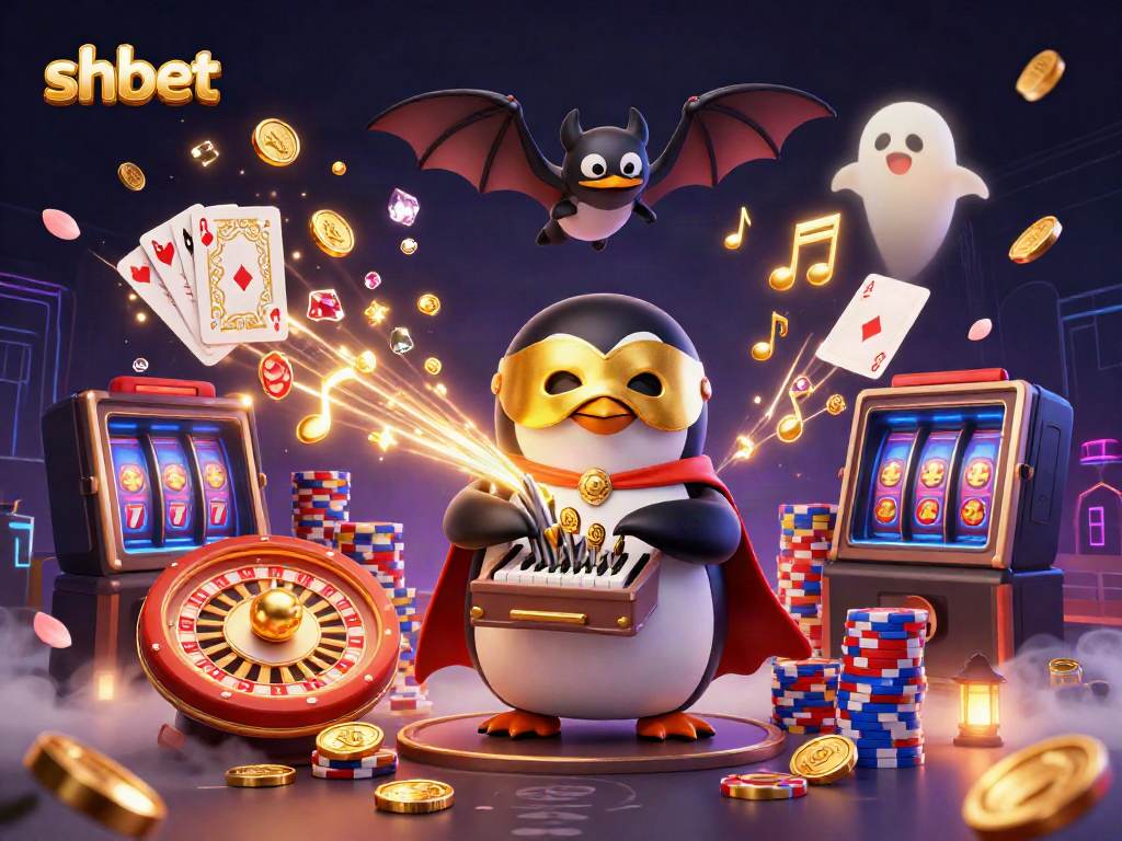 Engage with shbet's vibrant casino world featuring a penguin organist, golden coins, and neon lights.