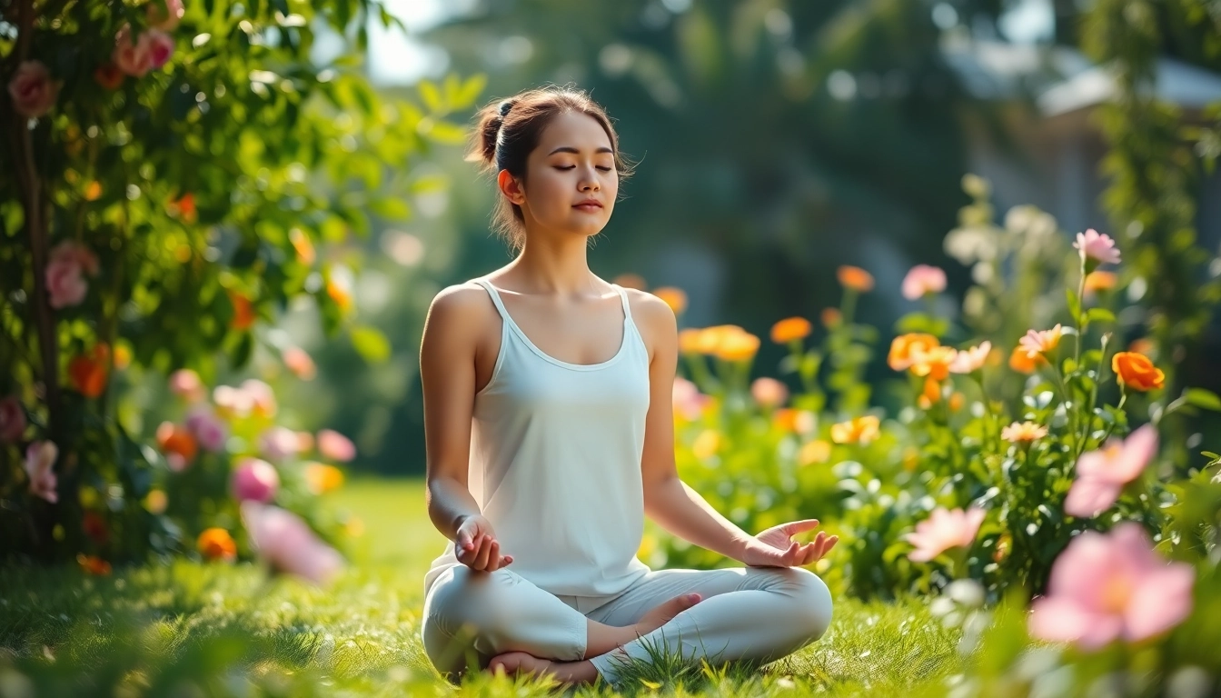 Emotional wellbeing highlighted through a serene individual practicing mindfulness in a lush garden.