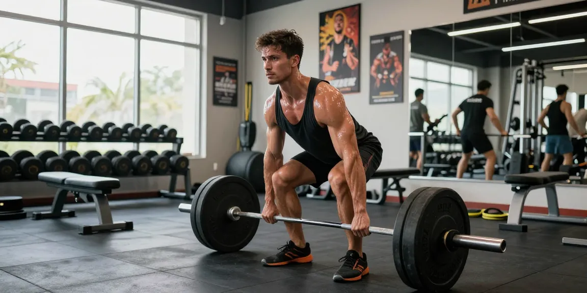 Kraftsportler hebt Gewichte im Fitnessstudio bei Steroidshop und zeigt Stärke und Fitnessengagement.