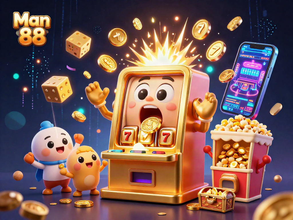 Man 88 showcases a joyful slot machine hitting a jackpot amid flying coins and vibrant casino elements.