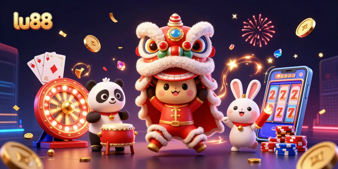Experience thrilling games at LU88 with vibrant visuals of festive characters celebrating with winning symbols.