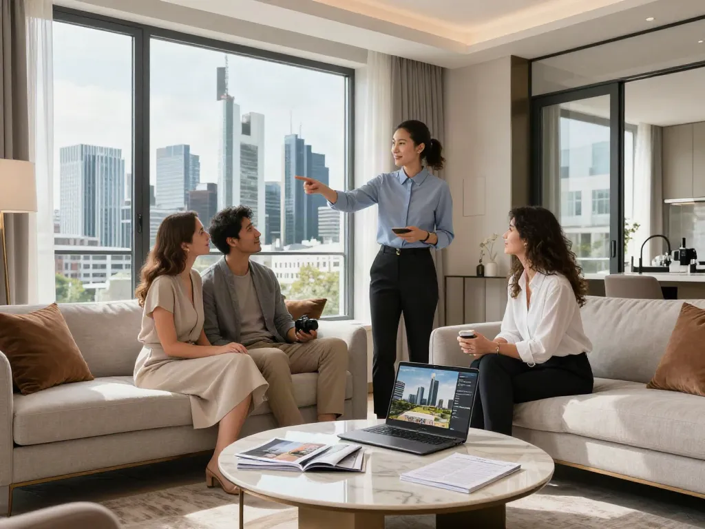 Moderner Wohnraum in Frankfurt mit dem besten Immobilienmakler Frankfurt, der einem Paar die Wohnung zeigt.