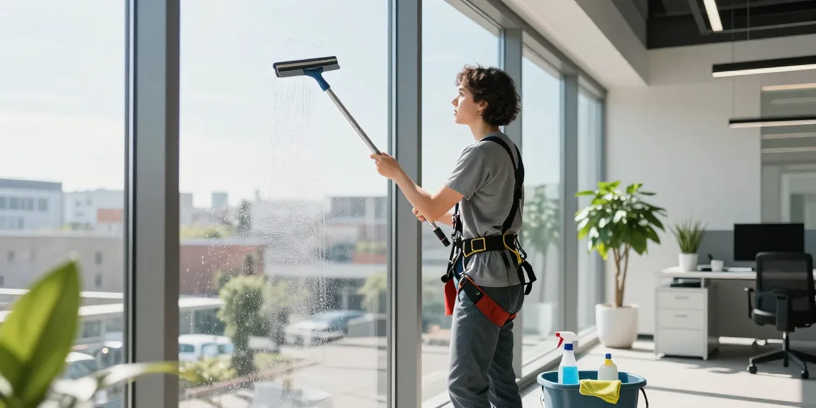 Expert window cleaner performing fensterreinigung bern in bright office, showcasing spotless glass and an inviting workspace.