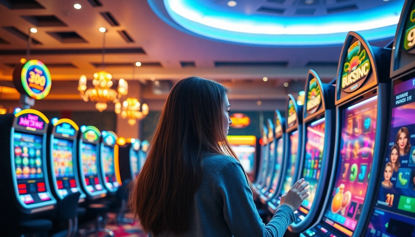 Erlebe aufregende Online Casinos Österreich mit bunten Spielautomaten und einer Spielerin in entspannter Atmosphäre.