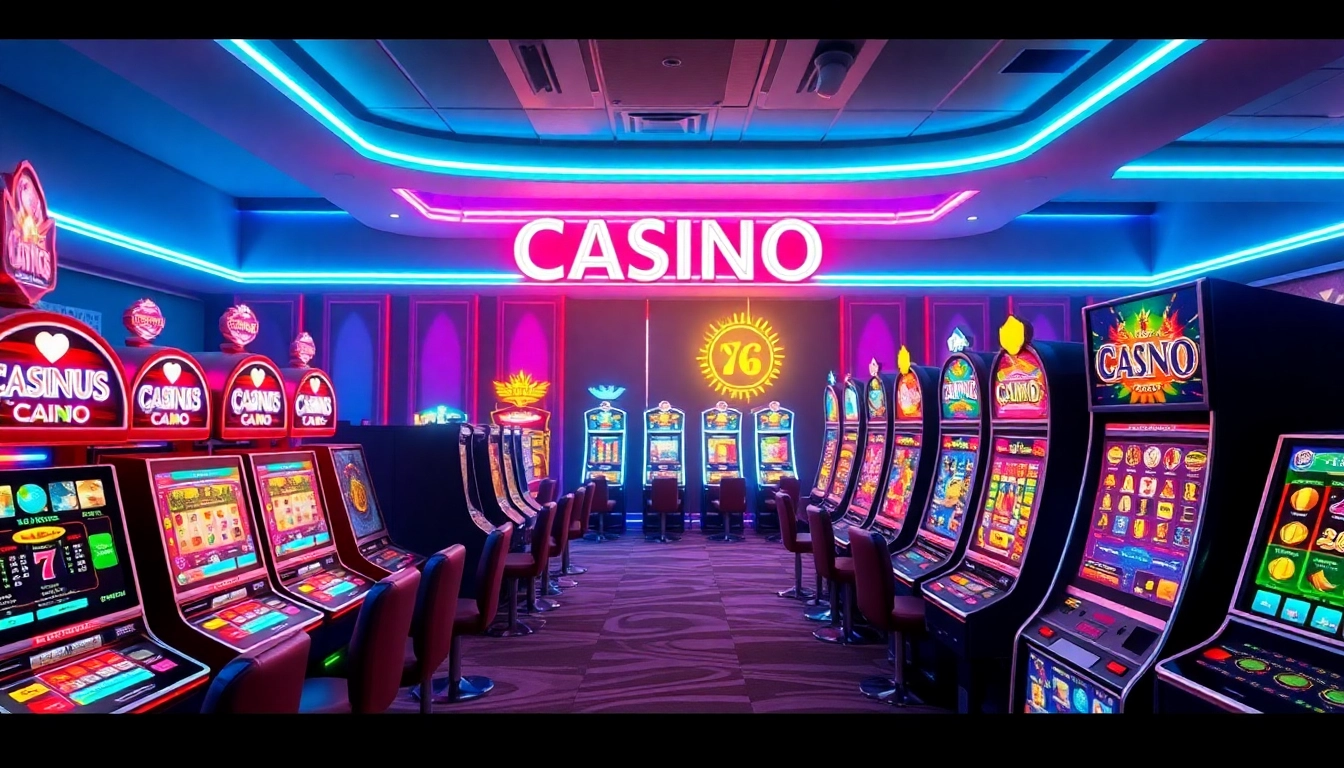 Spiele mit einem attraktiven online casino bonus: Bunte Spielautomaten und Neonlichter.