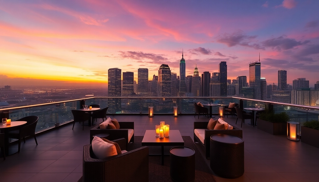 Indulge in luxury with a beautifully designed terrace showcasing elegant furnishings at sunset.