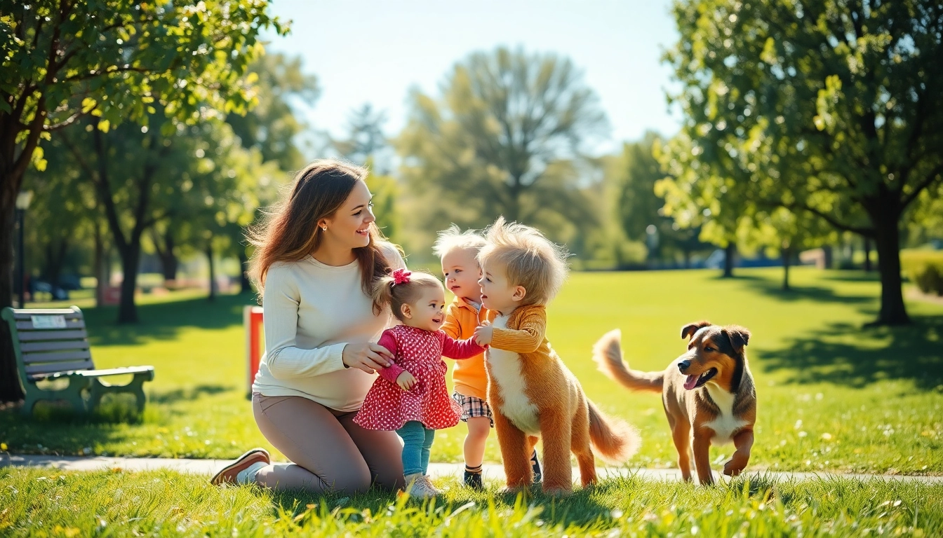 Kindererziehung mit Eltern und Kind in einem sonnigen Park, die Wärme und Freude des Familienlebens darstellt.