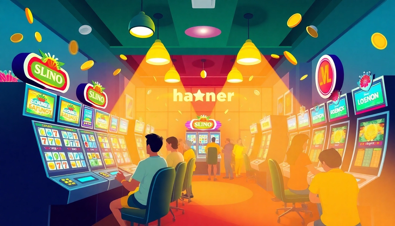 Explore the dynamic gaming world of djarumgacor with vibrant visuals of engaging slot machines and enthusiastic players.