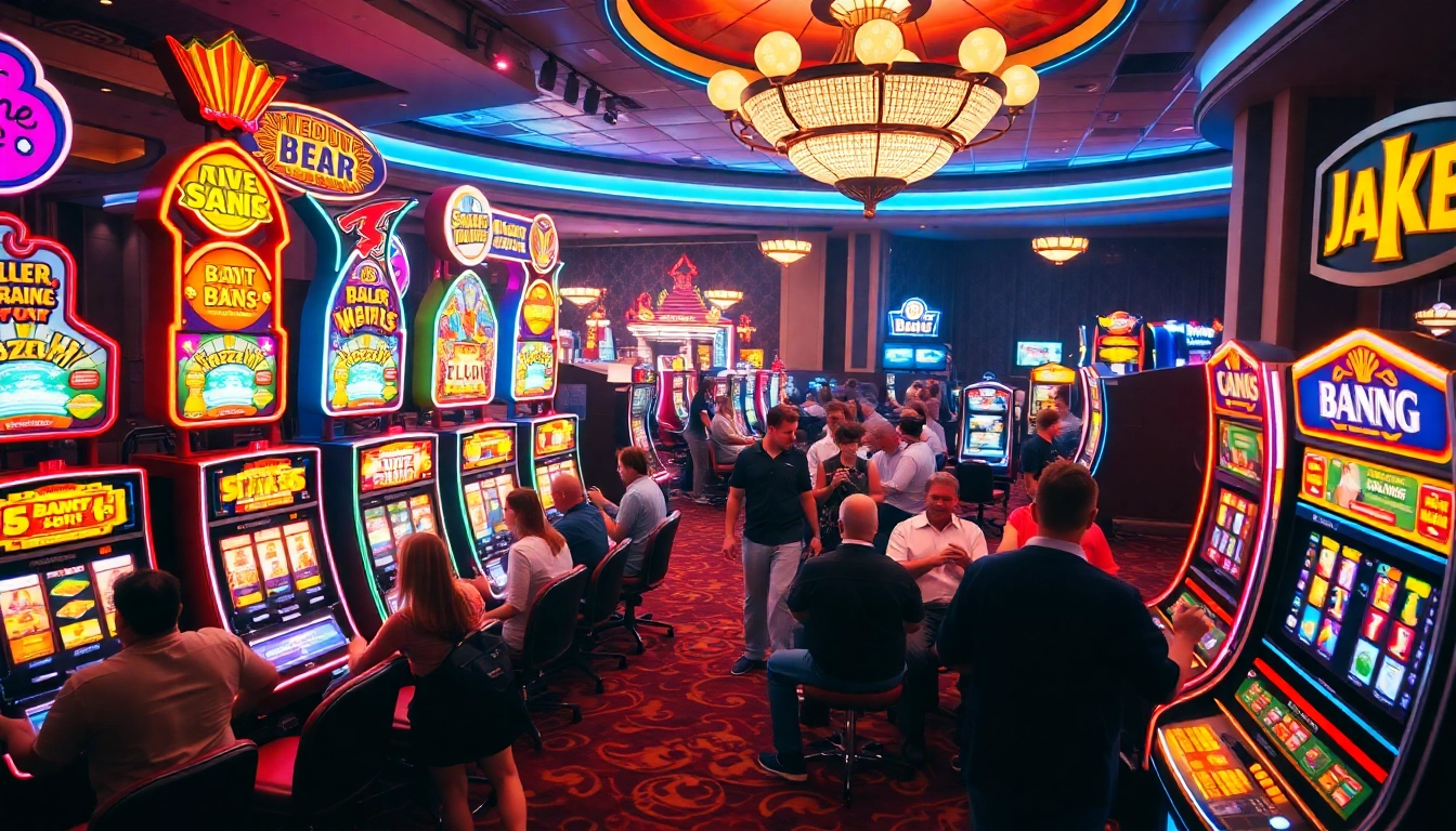 Exciting players enjoying Slots Games on colorful casino slot machines in a lively environment.