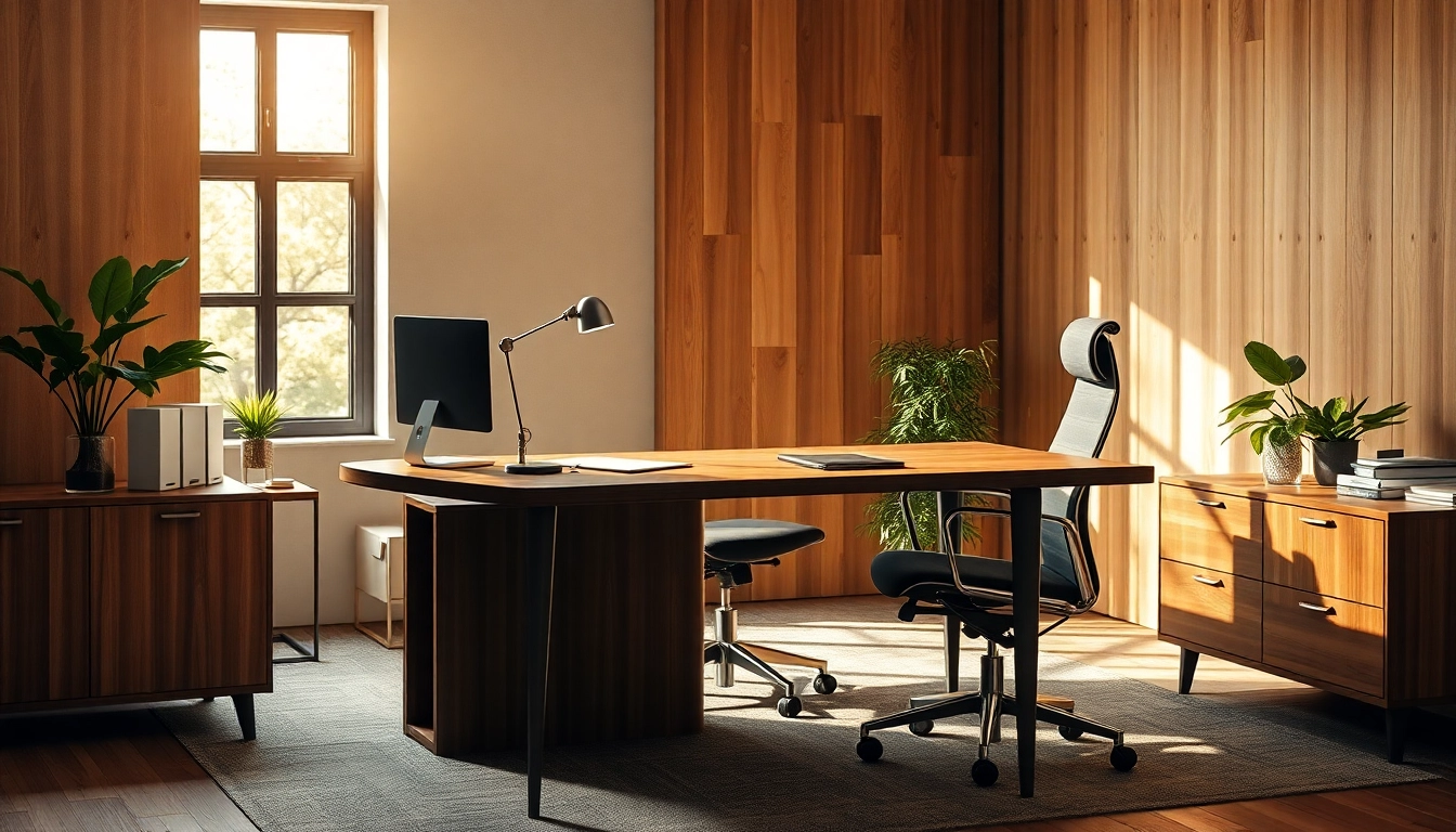 Moderne Büromöbel in einem stilvollen Büro-Setup, das einen eleganten Schreibtisch und ergonomischen Stuhl zeigt.