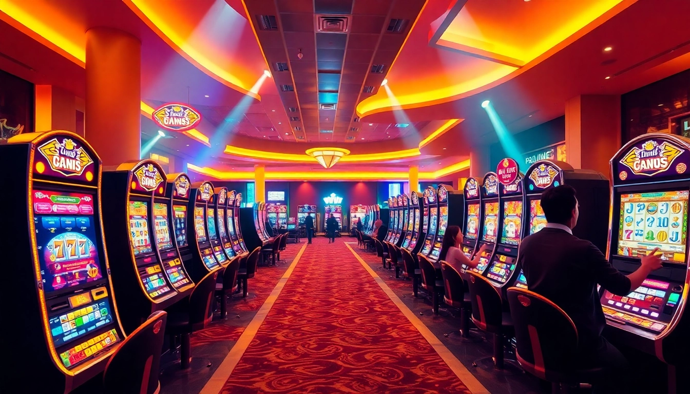 Explore exciting online casino bonuses with vibrant slot machines and happy players in a lively atmosphere.