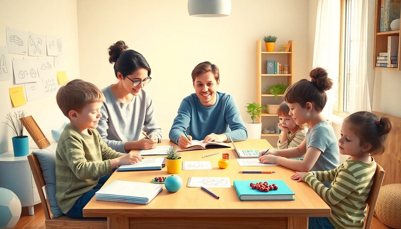 Familie gibt motivierenden Heimunterricht im gemütlichen Wohnzimmer mit kreativen Lernmaterialien.