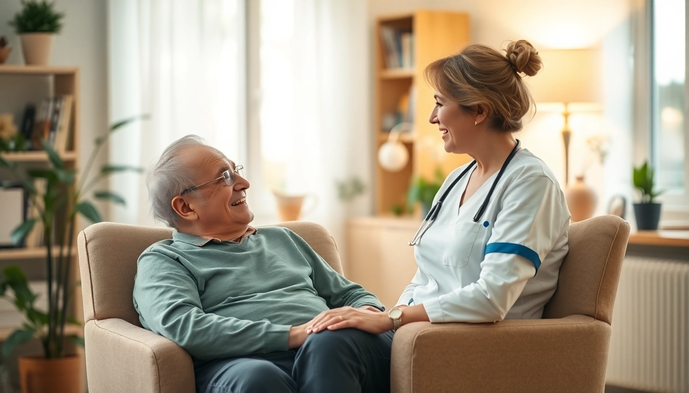Pflegedienst: Eine freundliche Pflegekraft unterstützt einen älteren Menschen in einem warmen Wohnzimmer.