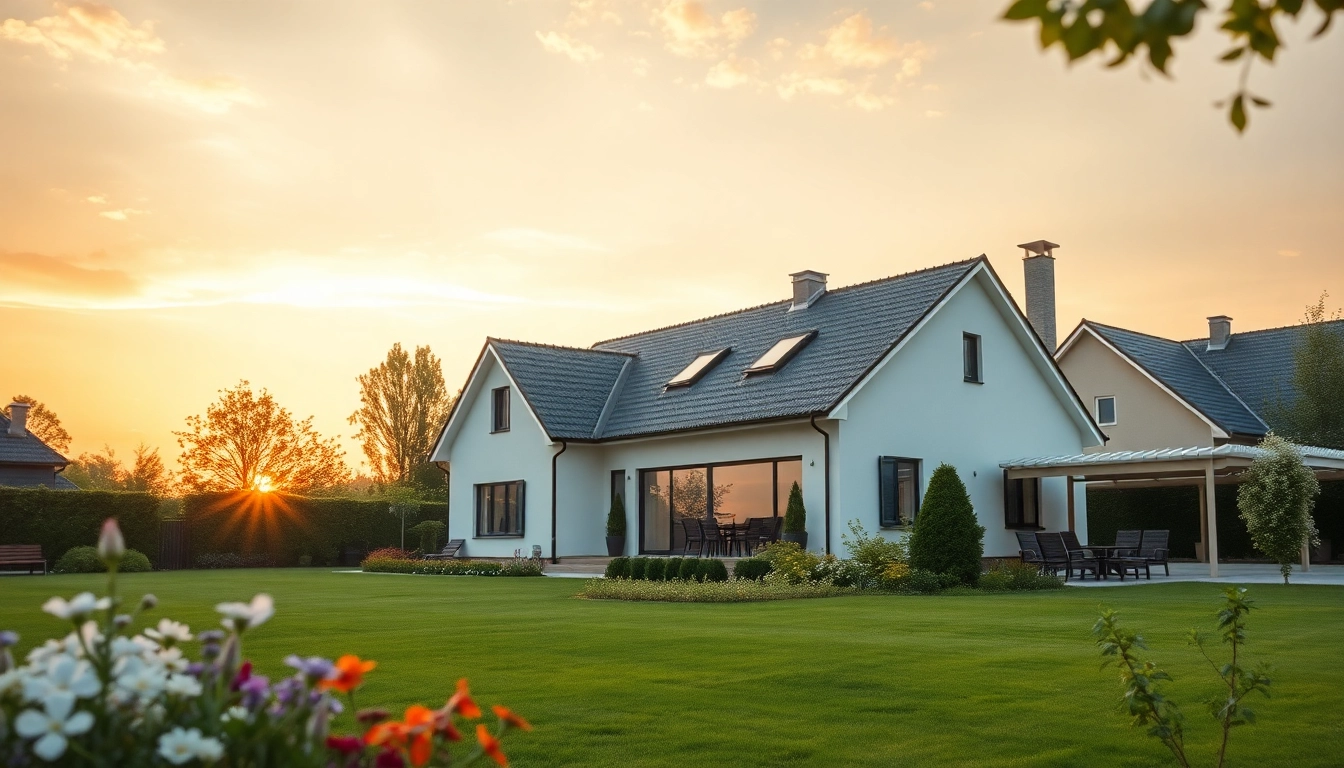 Ein einladendes Einfamilienhaus bei Sonnenuntergang zeigt, wie der Hauskauf zu einem neuen Leben führen kann.