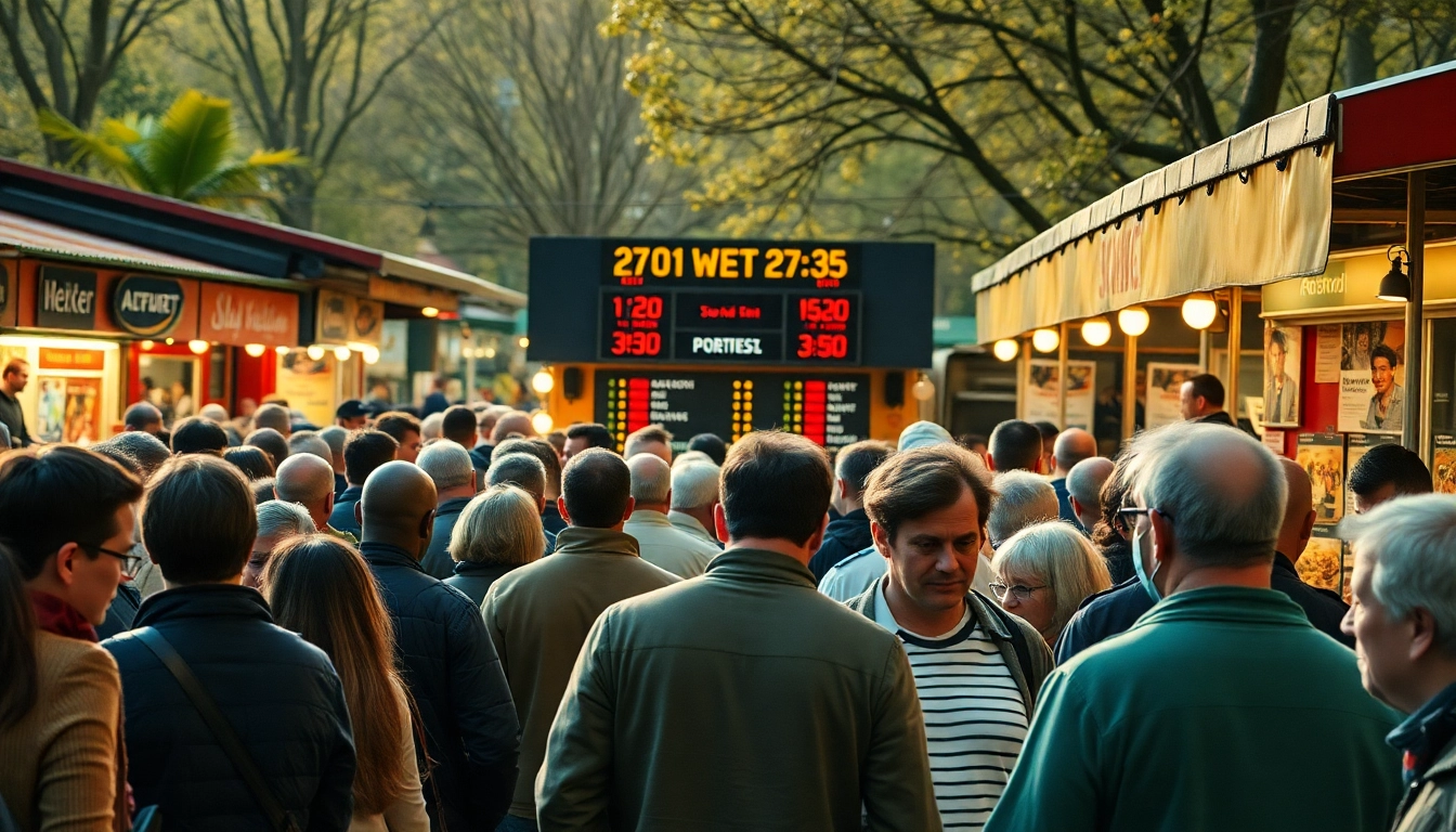 Menschen machen Sportwetten ohne Lizenz auf einem lebhaften Marktplatz mit Wettständen und digitalen Quotenanzeigen.