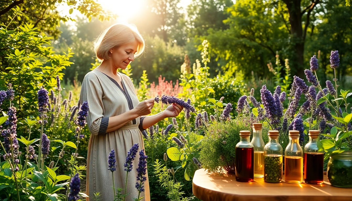 Herbal medicine practitioner examining lavender in a lush garden, embodying the principles of Pflanzenheilkunde.