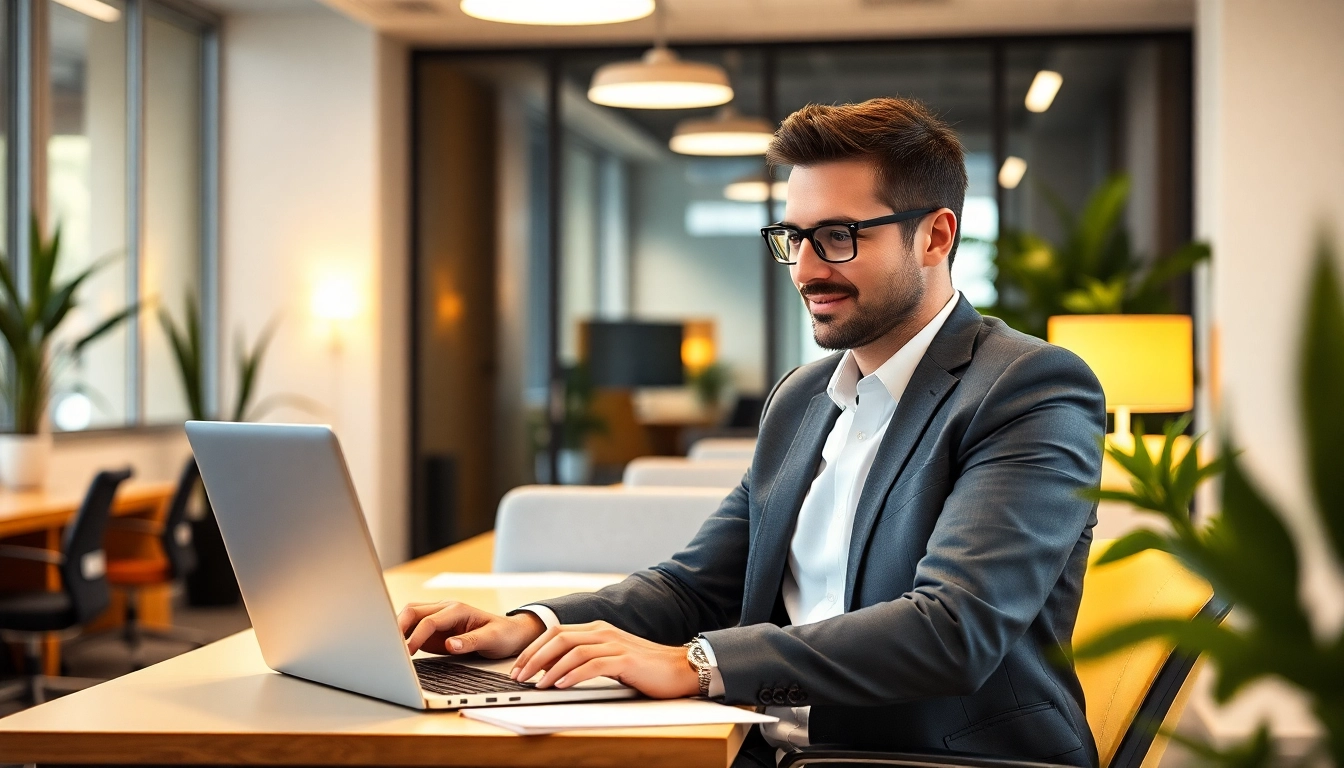 Professioneller Headhunter München arbeitet in modernem Büro mit Laptop.