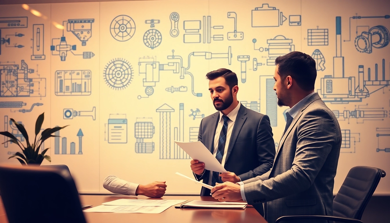 Headhunter Ingenieure in einem modernen Büro, angespannt in einem Gespräch mit einem Ingenieur, umgeben von Zeichnungen.