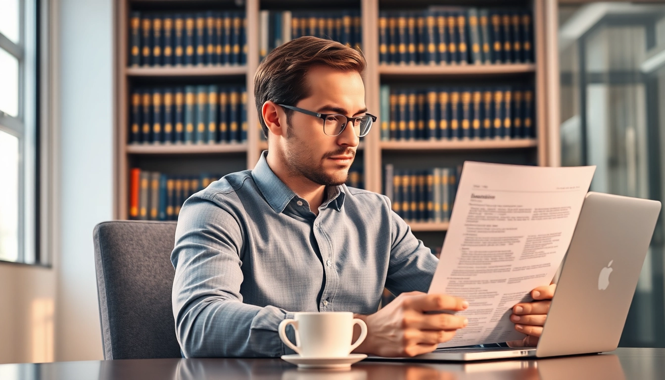 Headhunter sitzt konzentriert am Schreibtisch und studiert Lebenslauf mit Laptop und Bücherregal im Hintergrund.