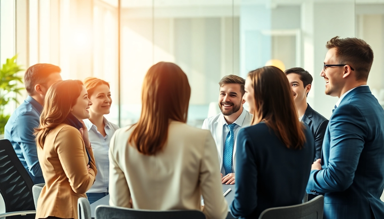 Interacting professionals in a dynamic setting with Headhunter Erfurt focus.