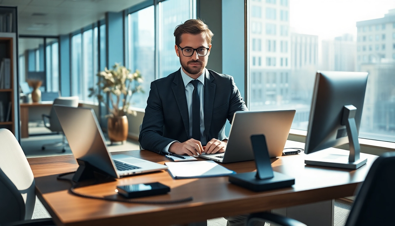 Headhunter Bielefeld bei der Arbeit in einem modernen Büro, das eine professionelle Atmosphäre ausstrahlt.