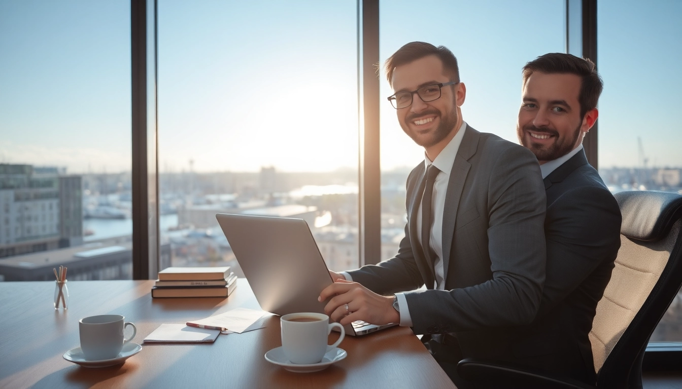 Headhunter Rostock bei der Arbeit in einem modernen Büro, lächelnd am Schreibtisch mit Laptop und Hafenblick.