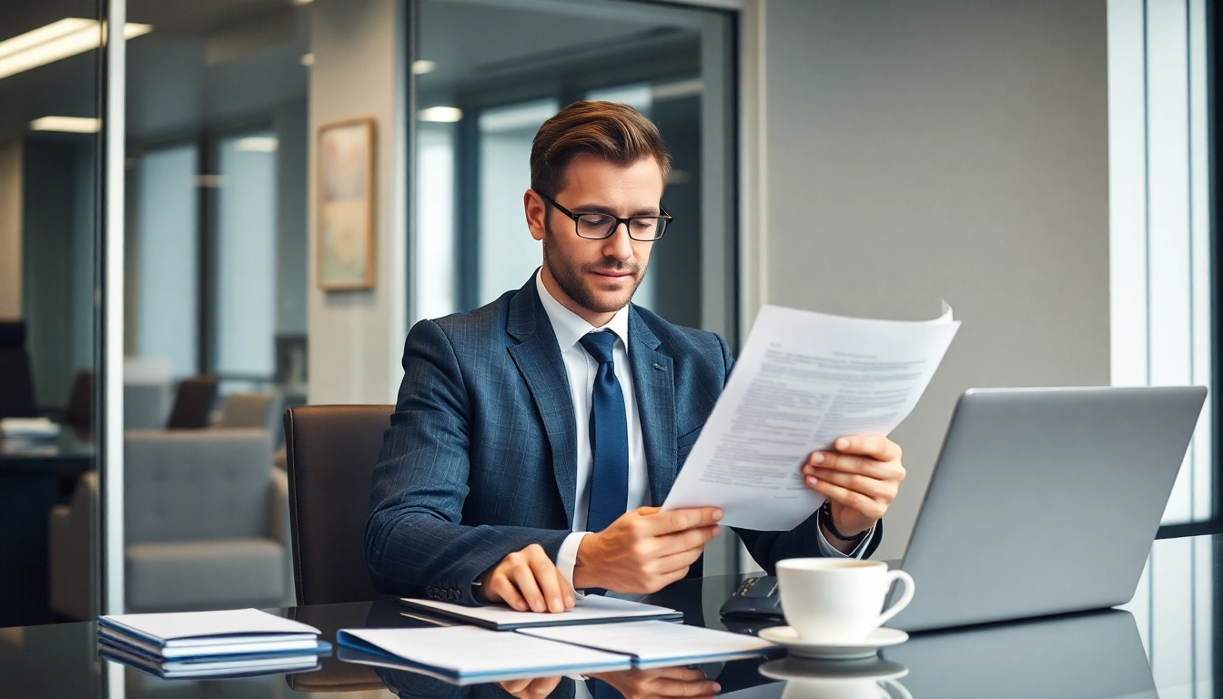 Headhunter Geschäftsführer analysiert Lebenslauf in elegantem Büro.