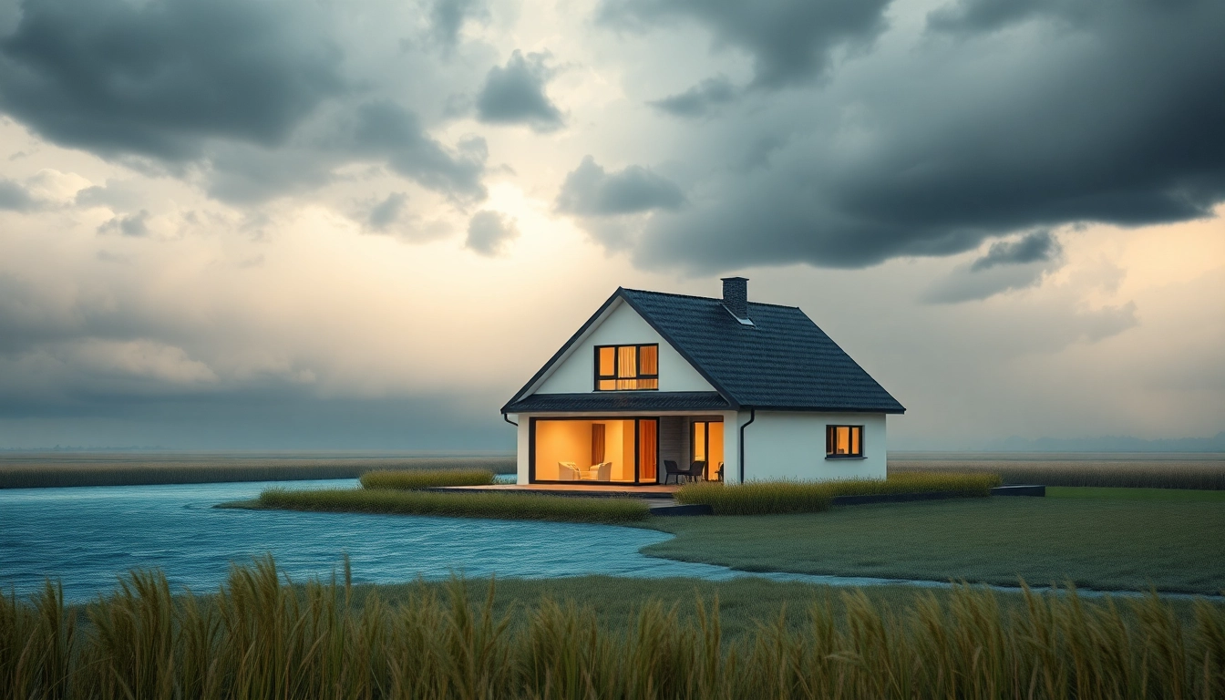 Illustration eines vom Elementarschutz geschützten modernen Wohnhauses, das Extremwetter trotzt.
