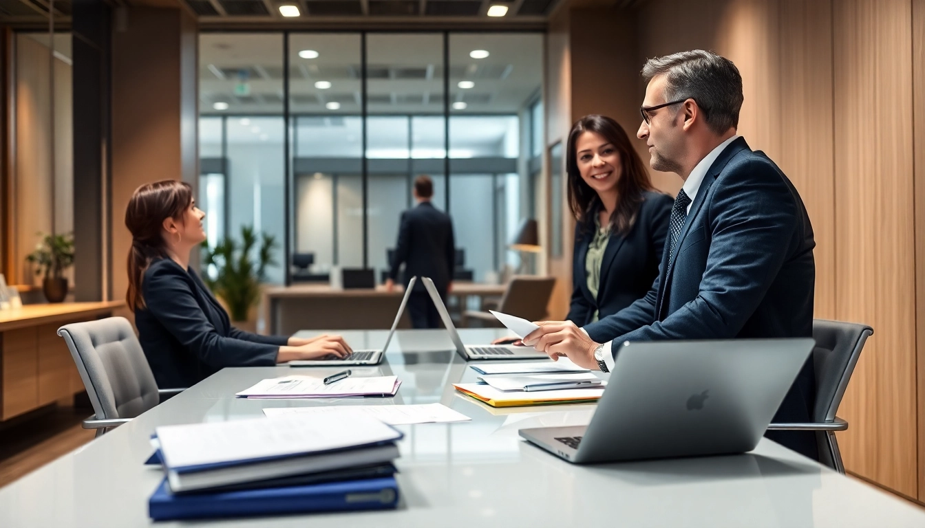Headhunter Köln engagiert sich aktiv mit Kunden in einem modernen Büro.