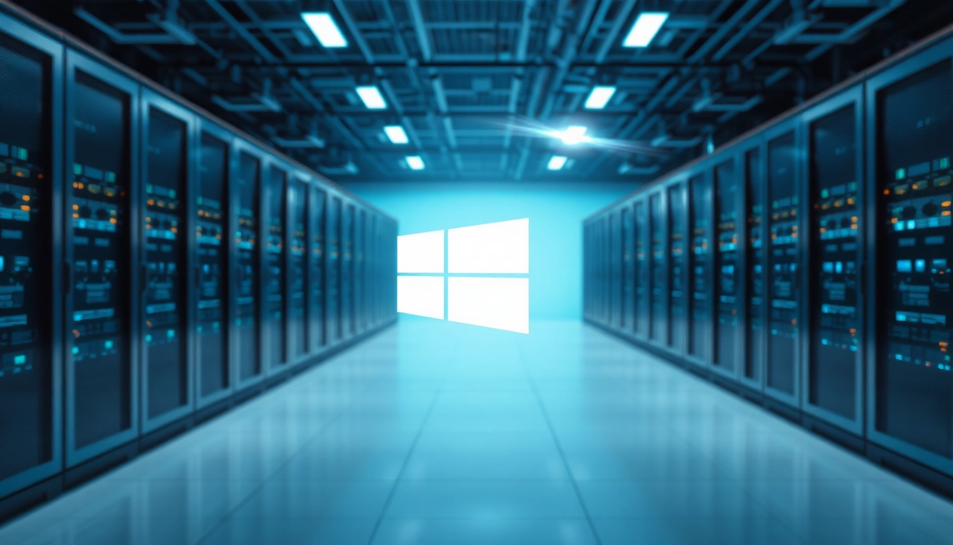 Entdecken Sie den Windows Server 2022 Standard 16 Core Key, abgebildet in einem modernen Serverraum mit technologischer Ästhetik.