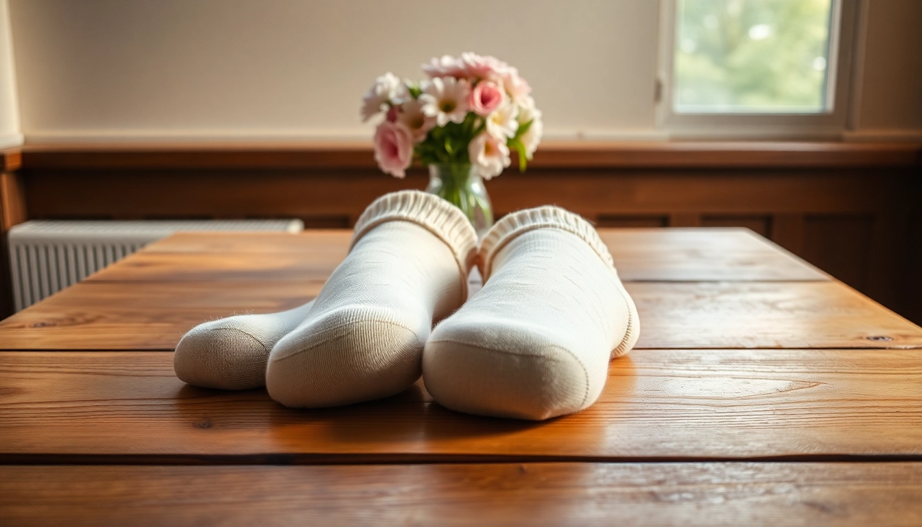 Entdecken Sie hochwertige gebrauchte Damensocken mit floralen Mustern auf einem Holzuntergrund, perfekt für entspannte Momente.
