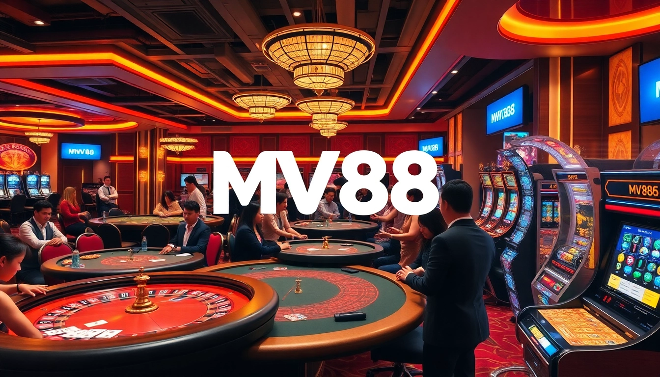 MV88 casino experience with players at tables, chips, and roulette wheel in a vibrant setting.