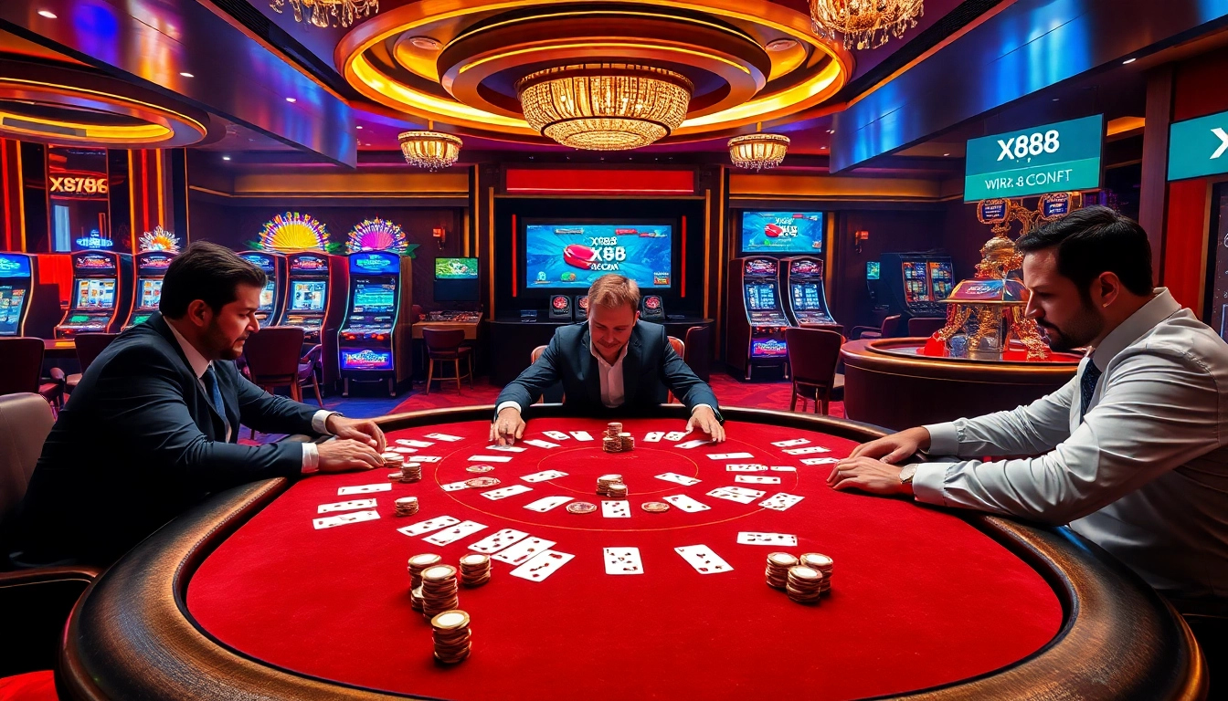 X88.COM offers exhilarating poker action at a luxurious casino table with vibrant chips and cards.