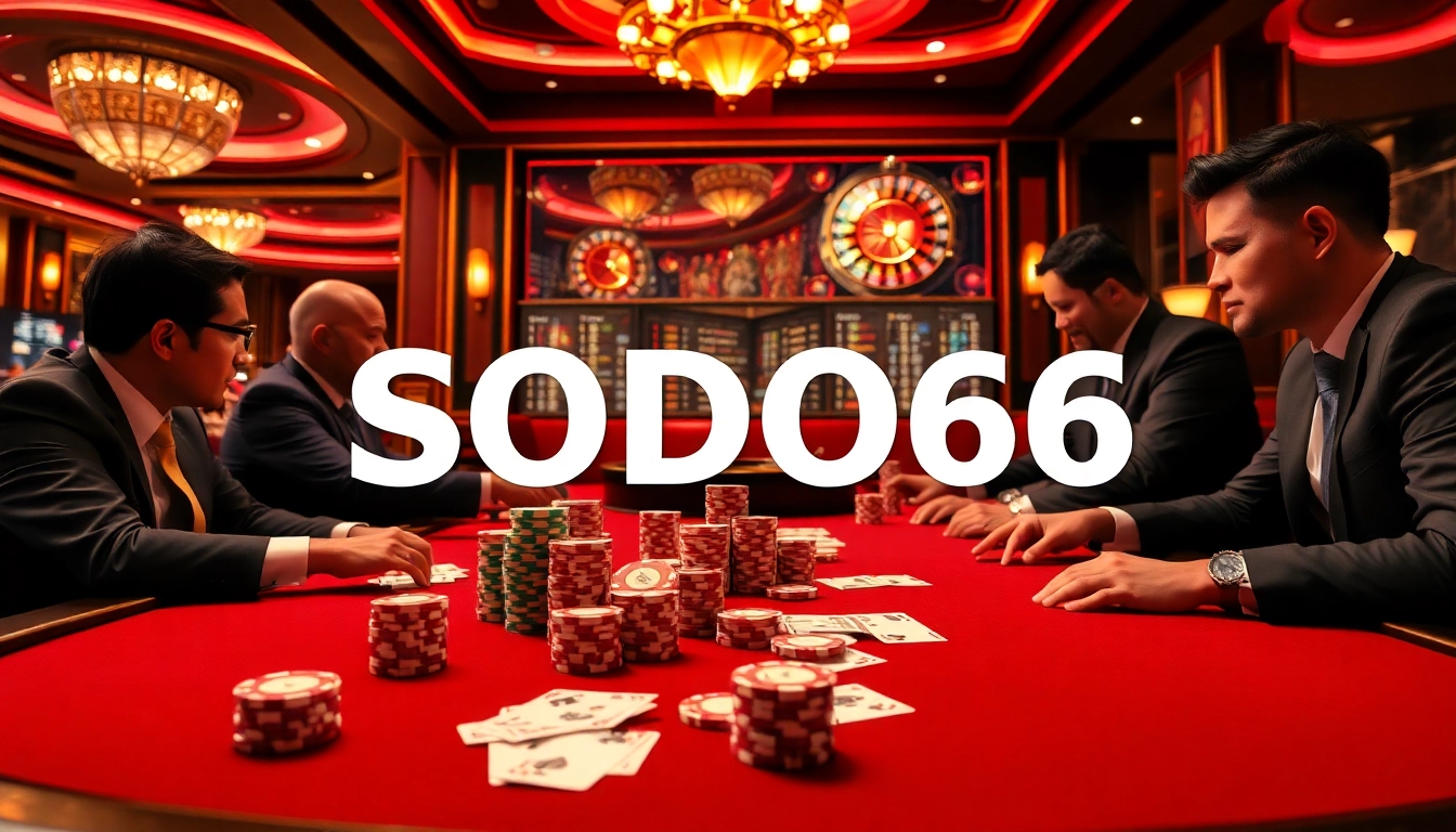 SODO66 casino table with poker chips and playing cards, showcasing a thrilling gambling atmosphere