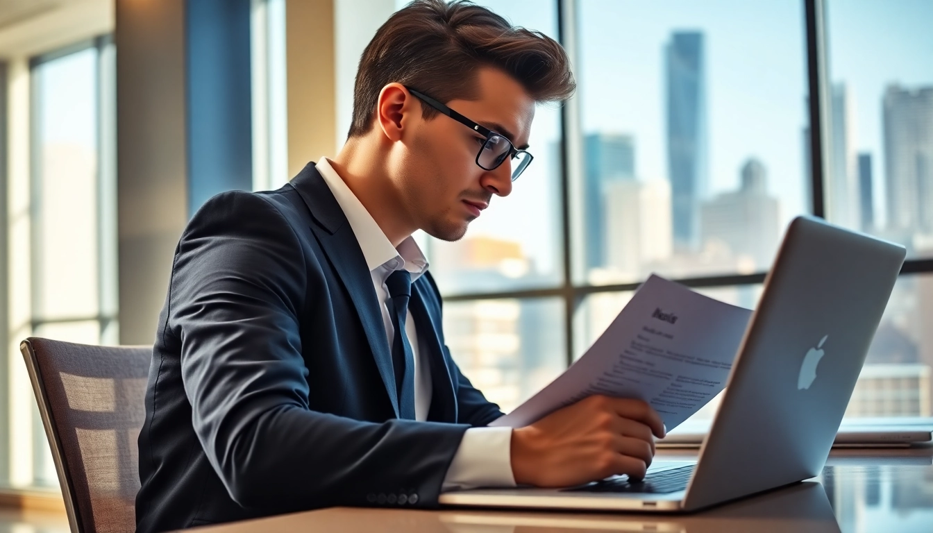 Headhunter IT reviewing resumes in a modern office setting, showcasing professionalism and focus.