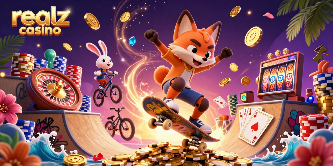 Experience vibrant excitement at realz casino with animated characters and casino symbols in a thrilling scene.