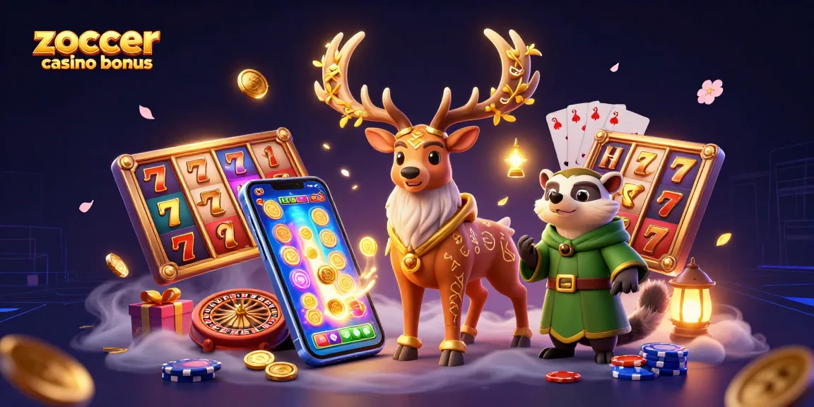 Gewinne den Zoccer Casino Bonus mit einer farbenfrohen 3D-Illustration von Slotspielen und charmanten Charakteren.