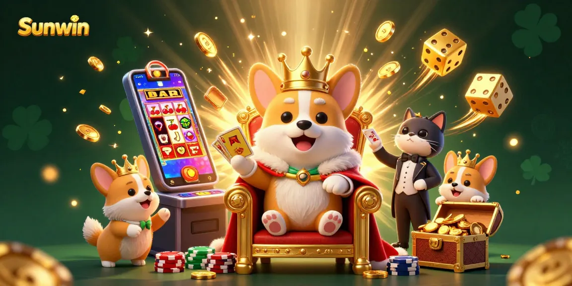 Join the excitement with Sunwin's vibrant atmosphere featuring a royal corgi on a throne, celebrating slots and casino gaming.