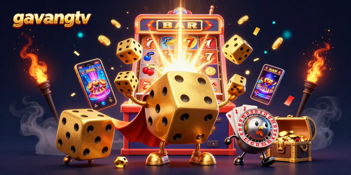 Gavangtv's golden dice golem juggles casino elements amidst a vibrant jackpot explosion