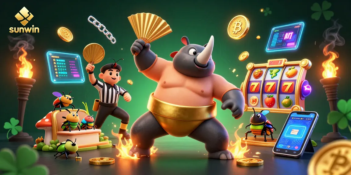Experience excitement at sunwin with a beetle champion surrounded by vibrant crypto coins and slot reels.