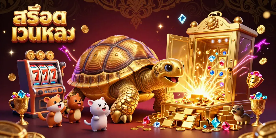 Play exciting slot games with สล็อตเว็บตรง in a vibrant 3D casino scene filled with gold and jewels.
